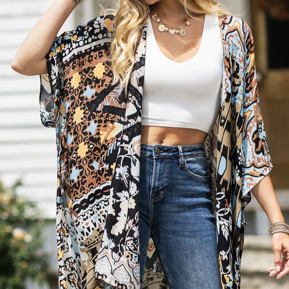 Tribal Print Kimono Lightweight Boho Duster Spring Summer Layering Piece - Picture 10 of 11